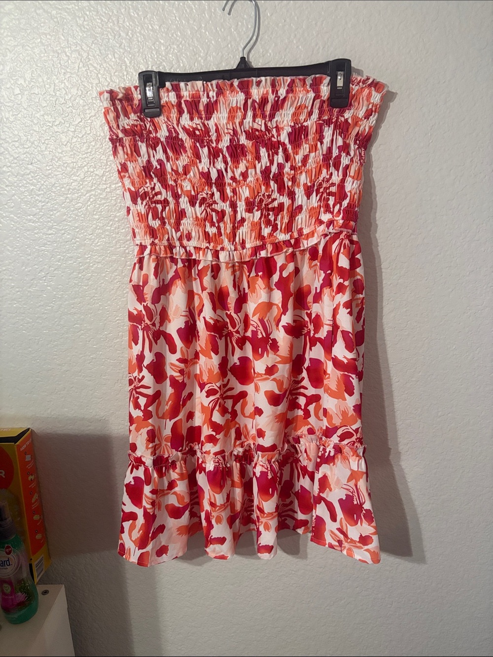 Grace Karin Strapless Smocked Floral Dress in Red, Orange and White